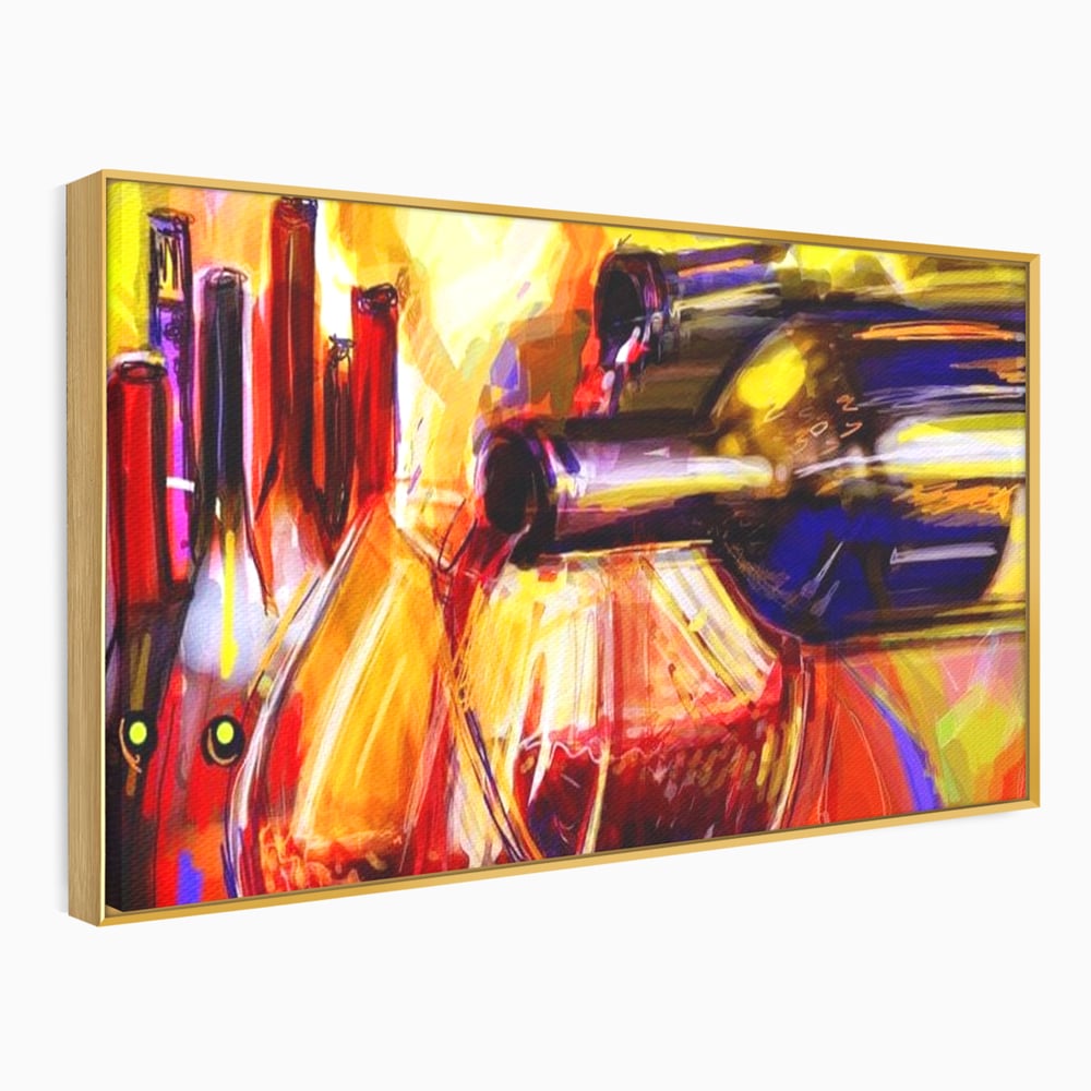 Tablou canvas cu pictura abstracta cu sticle si pahare de vin, in rama de aluminiu auriu